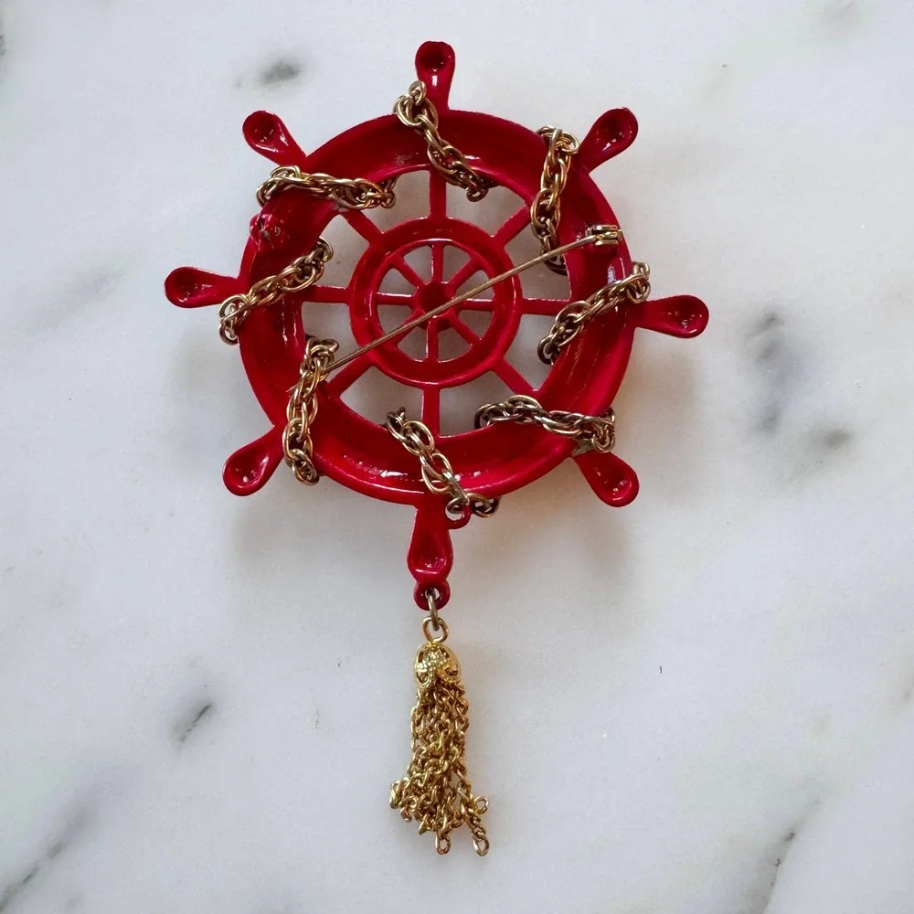 Vintage 1960s‎ Red Ship Wheel Brooch Gold Tassel Nautical Helm Pin Mid Century